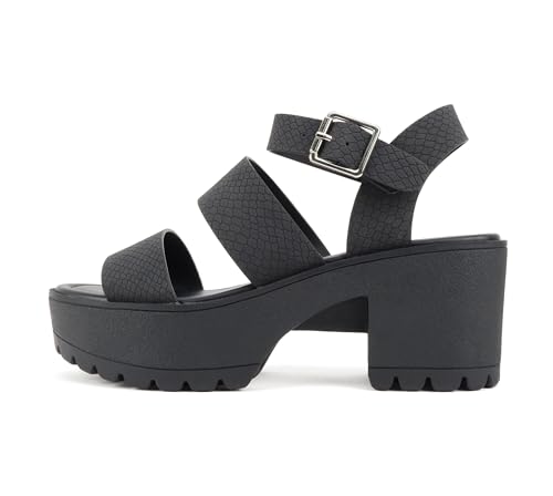 Image of Soda ACCOUNT ~ Women Open Toe Two Bands Lug sole Fashion Block Heel Sandals with Adjustable Ankle Strap