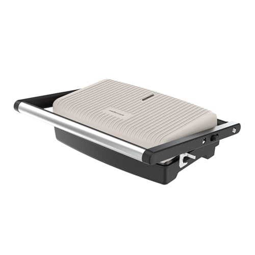 Mellerware -Parrilla Eléctrica Hotty Sand 1500W, Revestimiento Antiadherente, Obertura 180º, Doble Placa, Fácil Limpieza, Acero Inoxidable, Color Beige