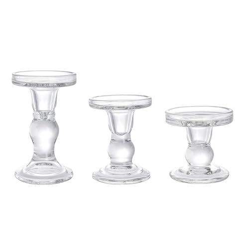 Bakkeny Candelabro de cristal, candelabro de cono de pilar transparente, soporte de vela de cristal para mesa de comedor, 3 unidades, fácil de usar, 8 x 8,5 cm, 8 x 11 cm, 8 x 14 cm