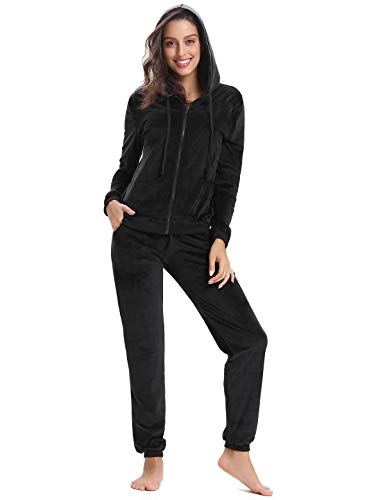 Aibrou Women's Velour Sweatsuit Set Active Casaul Hoodie Pants Tracksuit Set Velvet Womens Jogger Black Large - Thumbnail 6