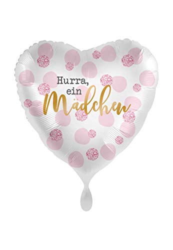 Premioloon 1 Folienballon Geburt Hurra EIN Mädchen Herz rosa weiß 45 cm ungefüllt Ballongas geeignet