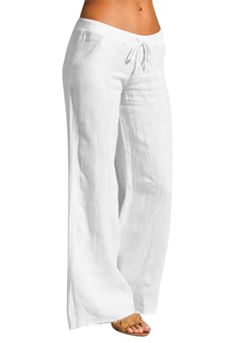 Hello MrLin Leinenhose für Damen, Sommer, Baumwolle, hohe Taille, weites Bein, Hose für Damen, Kordelzug, lässig, Strand, Reisen, Palazzo-Hose, weiß, XS