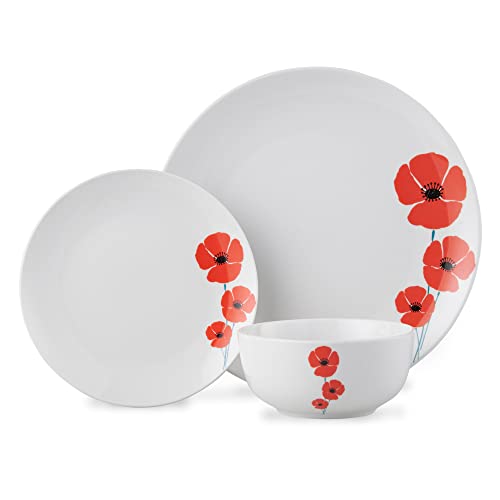 Service de table 12 pièces Coquelicot | Ensemble de salle à manger aux couleurs vives, 4 assiettes plates, 4 assiettes à dessert, 4 bols | Service de table