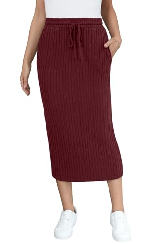 MLXSJ Women's Midi Skirt Fall Elastic High Waisted Casual Stretchy Skirts with Pockets, Wine Red, M