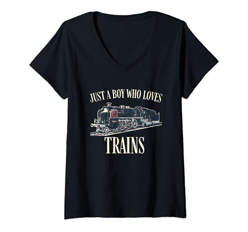 Mujer Just a Boy Who Loves Trains, Funny Vintage Train Camiseta Cuello V