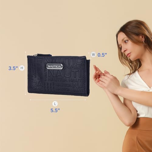 Image of Nautica High Tide Small Wallet for Women, RFID Blocking Slim Credit Card Holder with Zipper Coin Pocket, Bifold Compact Wallet with ID Window, Indigo Printed