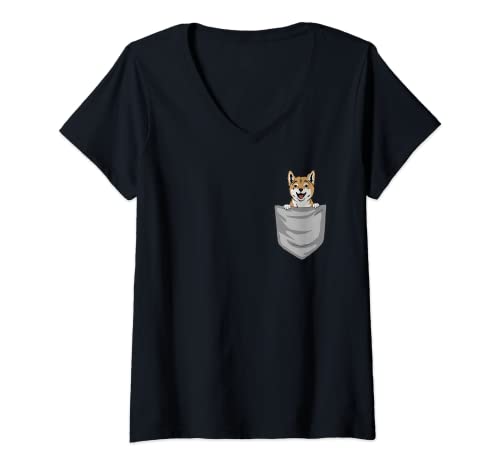 Mujer Camiseta de Shiba Inu en bolsillo en el pecho, divertida camiseta de Shiba Inu Camiseta Cuello V