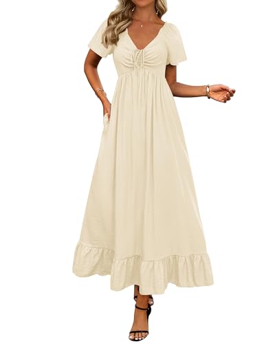 Image of BTFBM Womens Summer Dresses 2026 Casual Short Sleeve V Neck Drawstring Wedding Guest Maxi Dresses Boho Beach Long Dress