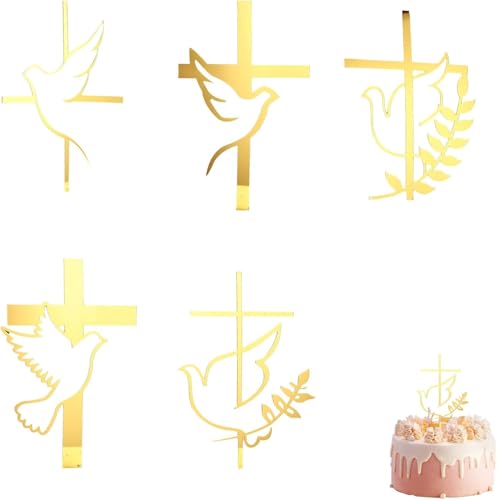Décoration de Gâteau Communion, 6 Pièces, Croisades et Colombe en Or, Décoration en Acrylique de Haute Qualité, Idéale pour Baptême, Première...