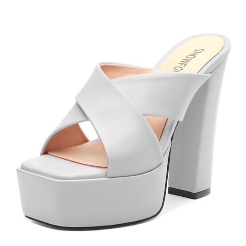 SHOWFOREST Heels for Women Platform Block High Heel Square Open Toe Matte 5 Inch Sandals Slip on Fashion Party Wedding Dating Dress Shoes