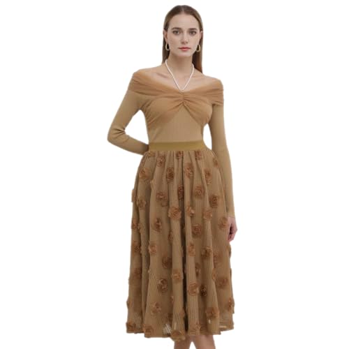 CHICWISH Women's 3D Rose Openwork Elastic Waist Cotton Casual Midi Skirt2