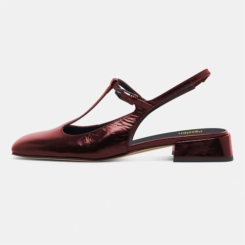 Pazzion Women Stylish Low Chunky Heel Slingback Pumps T-Strap Buckle Closed Square Toe Shoes Dating Dance Prom Size 4-16 US2