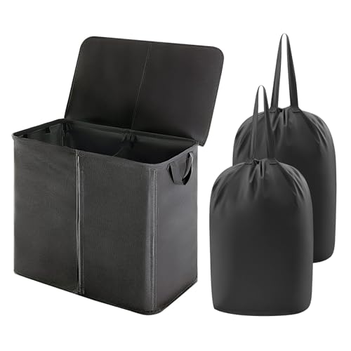 Lifewit 105L Double Laundry Hamper with Lid and Removable Laundry Bags, Divided Laundry Basket with Handles, Large Separated Clothes Basket for Bedroom, Bathroom, College Dorm, Laundry Sorting, Black