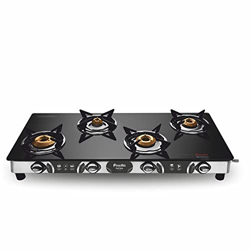 Preethi Blu-Flame Stainless Steel Jumbo Max Glass Top LPG Gas Stove with 4 Burner (Multicolour) (ISI Certified), Standard, GTS 118...