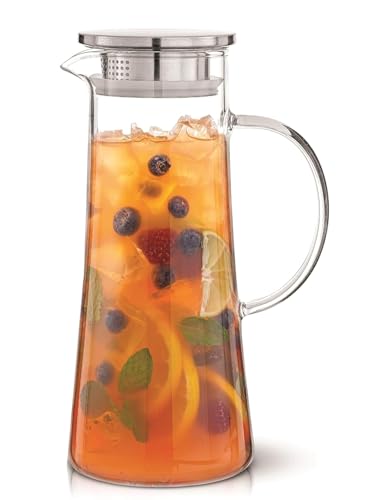 Image of Bellemax Premium Glass Water Jug - 1.8 LTR, Transparent, Hot Cold Water Glass Pitcher with Stainless Steel Lid Water Jug, Iced Tea, Milk and Juice Beverage Carafe, Lemon Jug 1800ML (TR-01)
