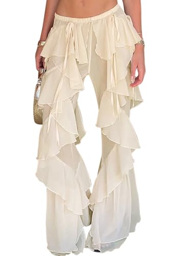 Seltaon Women Sexy Ruffle Sheer Mesh Pants Swimsuit Bikini Bottom Cover up Pants Trousers Club Y2k Concert Outfits