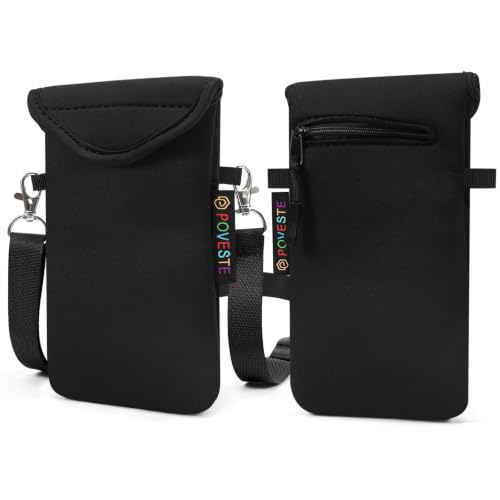 Image of POVESTE Neoprene Cell Phone Sleeve Pouch Case Bag with Crossbody Strap Lanyard for Women, Flap Closure Secure Cell Phone Bag with Pocket for Cards, Cash. (Black)