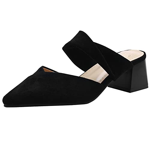 KISSASA Womens Pointed Toe Chunky Low Heel Mules Faux Suede Block Heel Slides Heeled Sandals