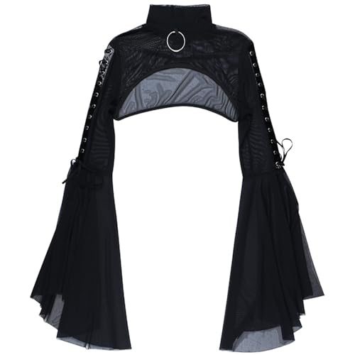 Image of Women Gothic Crop Top Shirt Y2K Black Bell Sleeve Shawl Cardigan