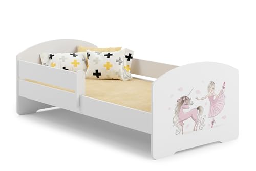 KOBI Letto per Bambini con Sponde LUK | Unicorno Rosa e Ballerina Lettino Bambina | 140 x 70 CM | Lettino Bambino con Materasso | Lettini per una Ragazza un Ragazzo | Letto Bimbo Singolo