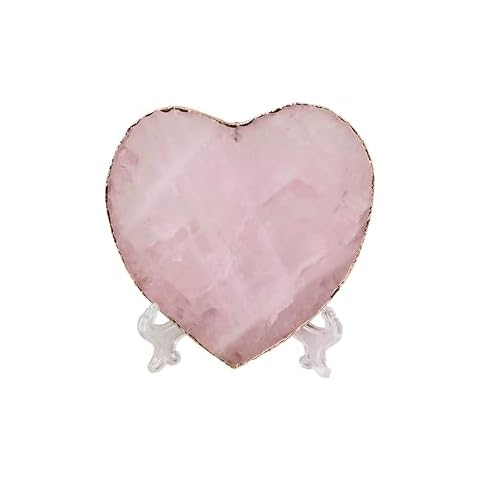 AMOYSTONE Large Heart Stone Rose Quartz Healing Crystals Birthday Gifts for Women, Natural Reiki Meditation Pink Crystal Gilded Edge Heart Shaped 3.5-4"/pc with Plastic Bracket Cover