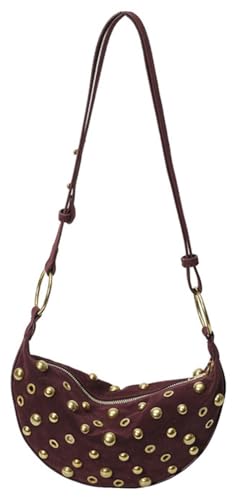 Women's Studded Shoulder Purses Gold Studs Punk Large Suede Handbag Trendy Purse Retro Tote Bag Adjustable Strap