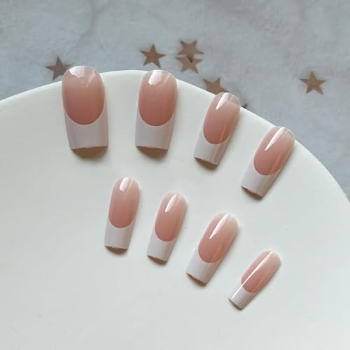 Image of Gloss & Go 24 Reusable Artificial Fake Nail Set| Frech Style Peach And White Short Square Glossy Press On Nails| Lightweight & Long Lasting| Easy To Use| Quick Fix For Festivals & Special Occasions