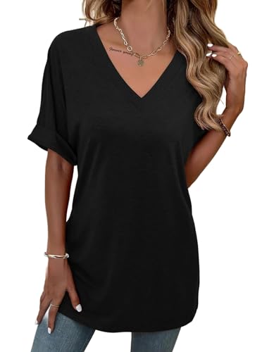 Remidoo Women's Side Slit Rolled Short Sleeve Tee V Neck Loose Fit Tunic T Shirt Top3