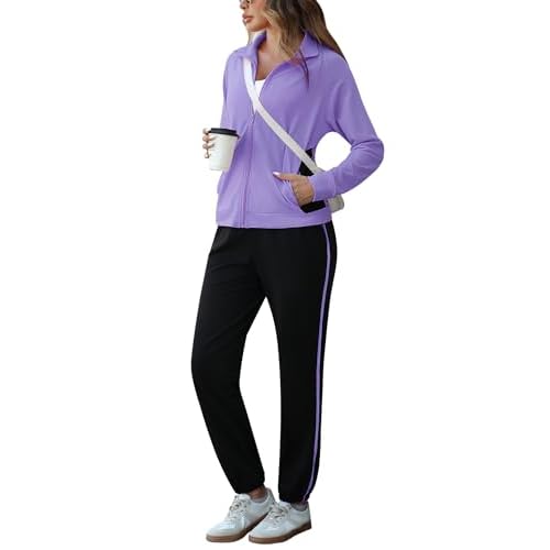 Marvmys Color Block Tracksuit for Women 2 Piece Outfits Fall Sweatsuits Zip Up Jogging Suit Long Sleeve Jogger Lounge Sets Purple X-Large