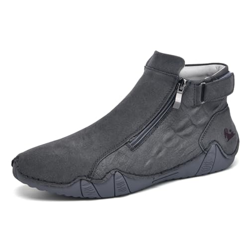 Image of Mens Mid-Top Leather Chukka Ankle Boots with Side Zipper Casual Comfortable Round Toe Non-Slip Flats Loafers for Walking Outdoor Hiking