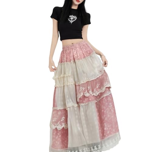 Y2k Retro College Style midi Skirt with Summer high Waist and Slimming Effect Patchwork lace Skirt