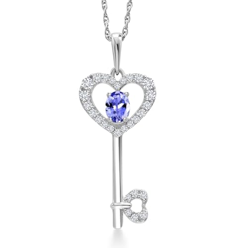 Gem Stone King Heart Shape Key Pendant Necklace For Women | 10K White Gold | Customized and Personalized 8X3MM Oval Gemstone Birthstone and White Lab Grown Diamond | With 18 Inch Chain