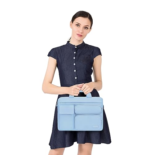 Image of MOSISO Laptop Shoulder Messenger Bag with 2 Raised&1 Flapover&1 Horizontal Pocket&Handle&Belt, Air Blue, 16 inch