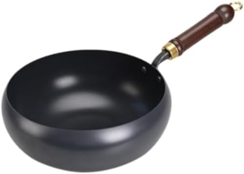 YAKINO 伝統的な鉄鍋、中国製鉄製手作り鉄鍋、焦げ付きなし、鉄製中華鍋、錆びない、木製ハンドル、化学コーティングなし、鉄分補給、軽量、ガス節約、ガス・電磁調理器対応、炒め物、煮物、揚げ物、調理用品、家庭用 (シングルポット,26cm)