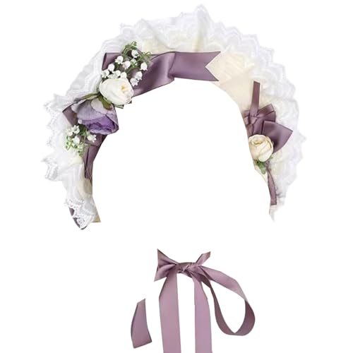 Women Girls Tea Party Hat Victorian Bonnet Hat Vintage Lace Flowers Flat Cap Lolita Hat for Prom