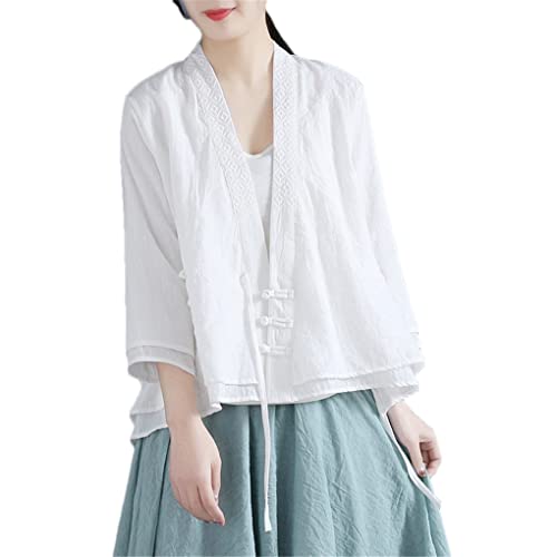 T-shirt rétro pour femme style chinois blanc brodé Hanfu double couche