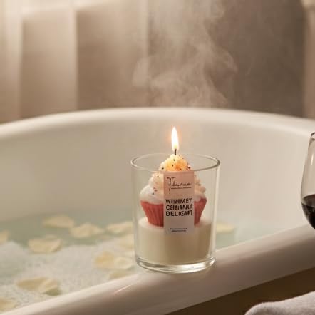 Image of Aesthetic Cupcake Scented Jar Candle | 200gm Soy Wax with Whipped Frosting | Rich Caramel Fragrance | Cute Dessert Candle for Christmas & Birthday Gifts
