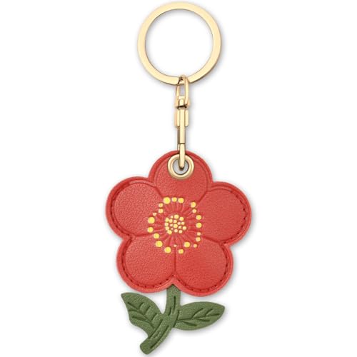 AXFEE Airtags Portachiavi in PU Pelle, Porta Air Tag per GSP Apple, Airtag Cover per Chiavi Zaini e Animale, Portatile, Anti-graffio, Mantiene un Segnale Forte - Fiore rosso