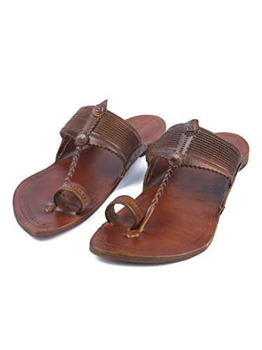 Image of KORAKARI Men Kolhapuri Chappal Handcrafted Sandal Smooth and Comfortable Flip Flops Slipper Stylish Anti Slip Design Genuine Leather Traditional Footwear.