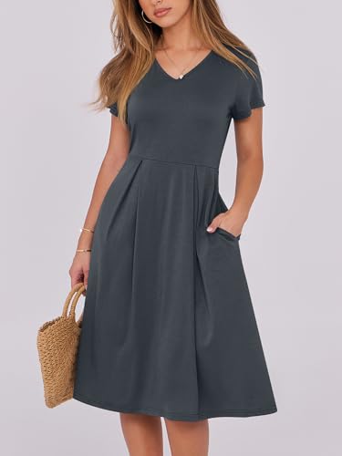 Image of ANRABESS Women Summer Dress Casual Short Sleeve V Neck A-Line Knee Length Pleated Flowy 2026 Fashion Midi Dresses with Pocket