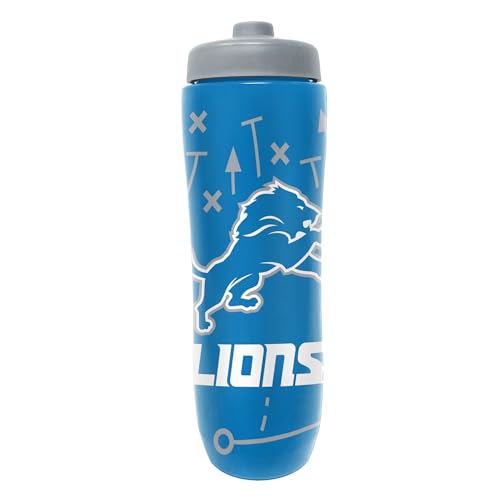 Image of Party Animal NFL Football Squeeze Bottle, 32 oz, Detroit Lions | Slim, lightweight BPA-free sports water bottle with quick-flow squeeze; fits backpacks & cup holders for kids or adults