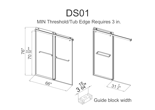 YINVANI Frameless Shower Door, 62"-66" W x 76" H, Width Adjustable, SGCC Certified 3/8" (10 mm) Clear Tempered Glass, Double Sliding Shower Door, Stainless Steel Matte Black Finish DS01