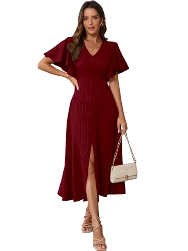 Image of Shasmi Girl's & Women's Pleated Midi Dress with Flutter Sleeves | V-Neck Western Dress for Women | Elegant A-Line Summer Outfit | Office & Casual Wear (Dress 244)