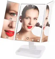 Espelho de Maquiagem Camarin Triplo com 16 Luzes Led Dobrável com Aumento de Imagem 2X e 3X Zoom e Rotação de 180º (Branco)