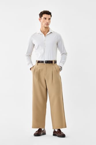 Image of SNITCH Men Casual Trousers | Baggy Fit Wide-Leg Design with Pleated Front & Button Closure | Durable Polyester Blend & Medium-Stretch Fabric for Summer Wear
