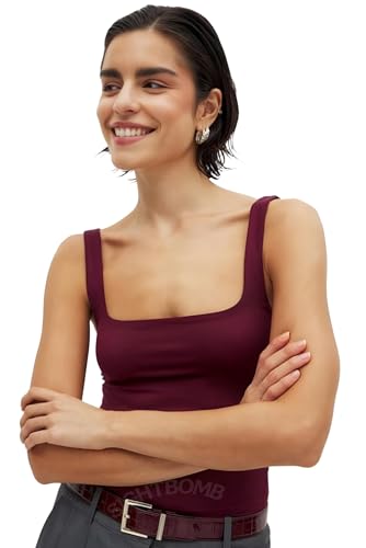 Image of SIGHTBOMB Microfiber Ultra Soft Feather Touch Seamless Front SOFTLINE Square Neck Double Layered Support Spaghetti Tank TOP for Women