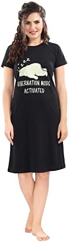 XOYA Printed Knee Length Nighty for Women/Cotton Nighty - Black