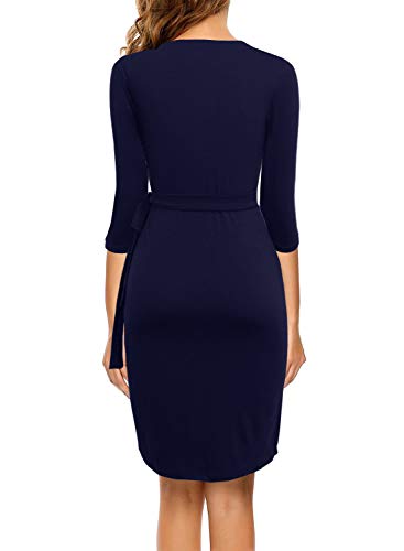 Berydress Women'S Sheath 3/4 Sleeve Deep V-Neck Faux Wrap Solid Stretchy Cotton Navy Casual Wear To Work Dress thumb #1