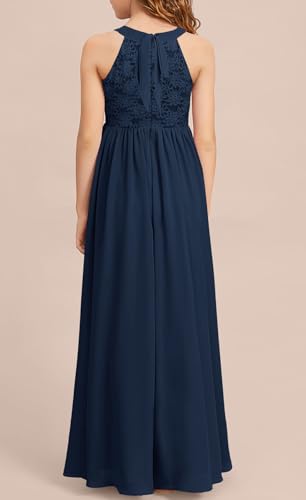 HOSIKA Girls Halter Neck Sleeveless Elegant Lace Chiffon A-line Long Flower Girl Dress for Wedding Party 6-12 Y4