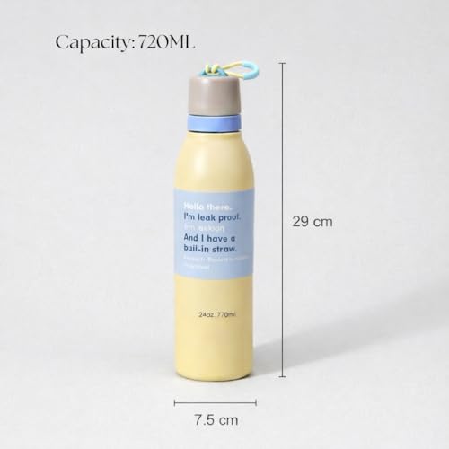 Image of Water Bottle for Office Use - Leak Proof Stainless Steel Bottle with Built-In Straw, 24oz, BPA Free, Easy Carry Loop, Durable for Daily Hydration (Light Yellow, 720 ML)